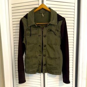 Free People Olive Green Denim Hoodie Jacket - M